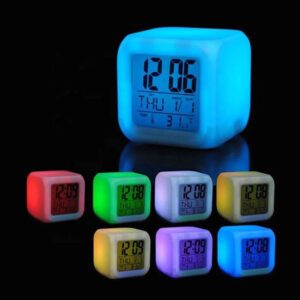 AC-434- 7 colors changed Digital Thermometer led cube alarm clock-七彩发光温度计小夜灯闹钟