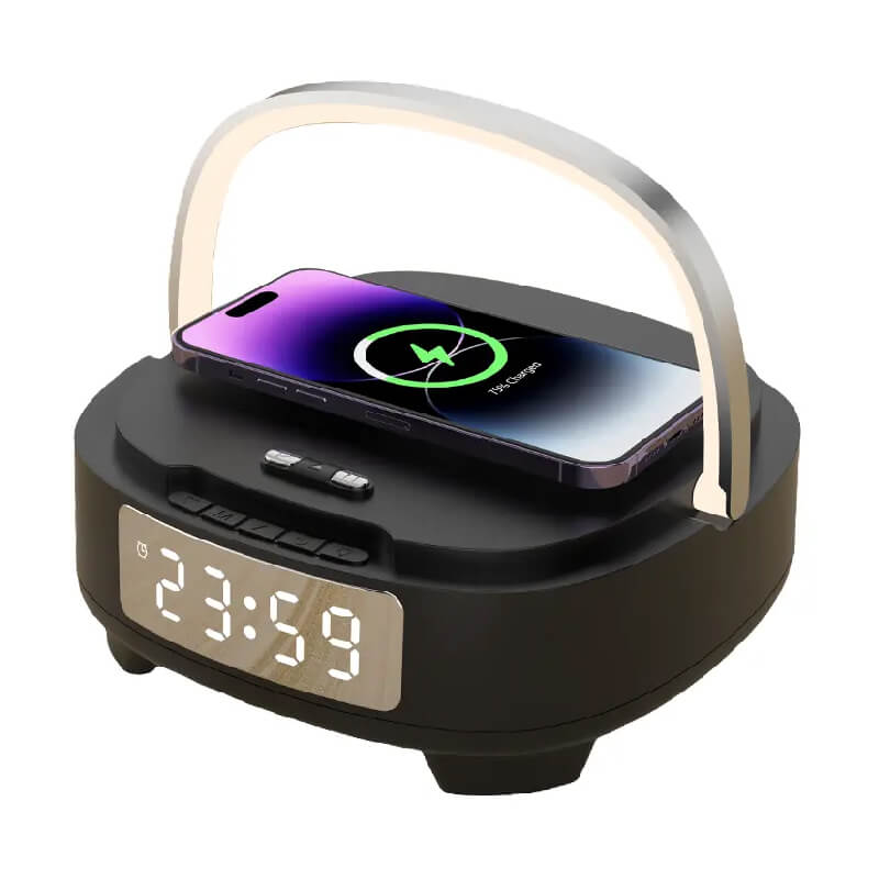 4-in-1 Alarm Clock with Wireless Charger, Bluetooth Speaker & Night Light